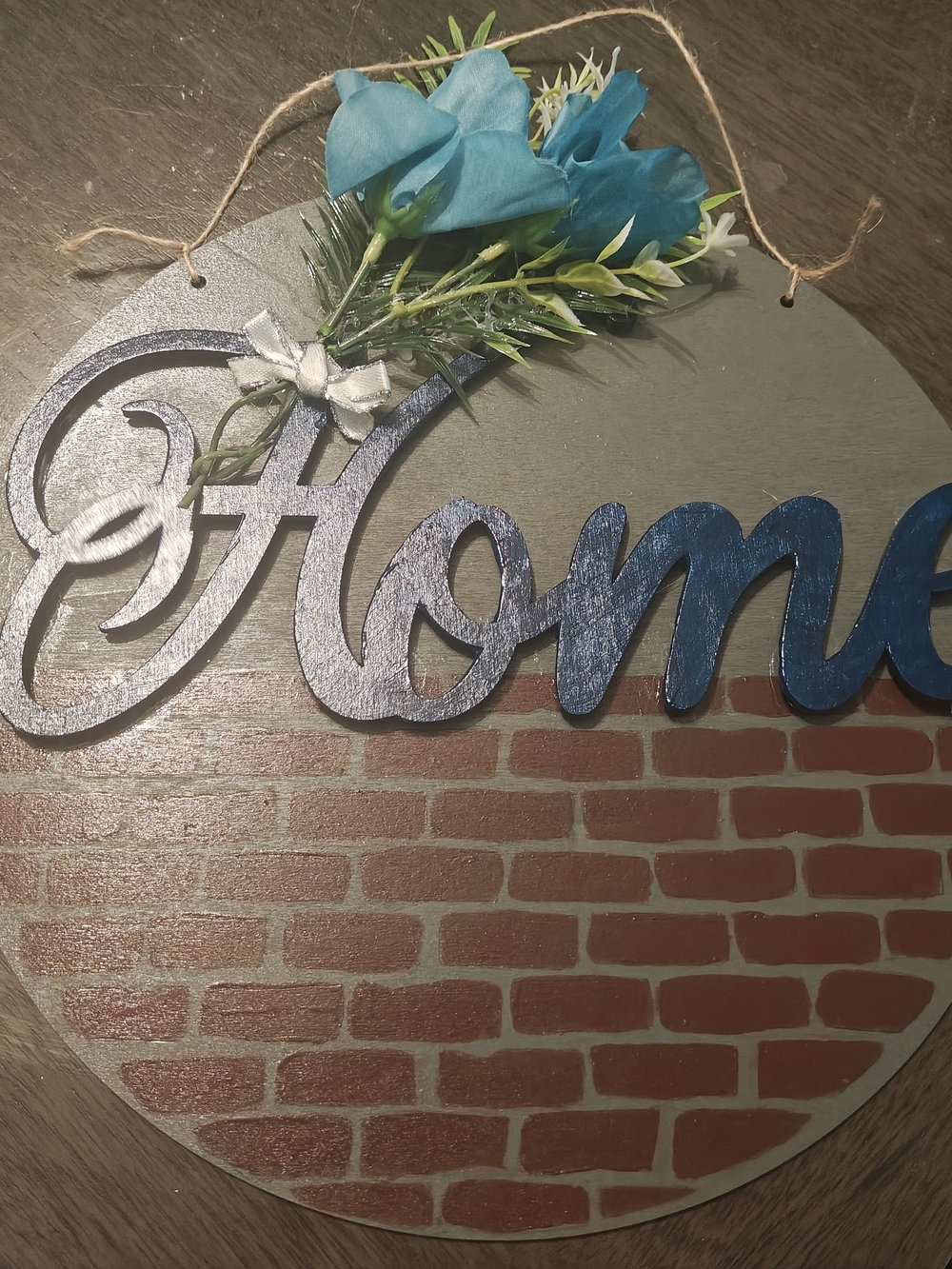 Wooden "Home" Wall Hanging with Blue Flowers